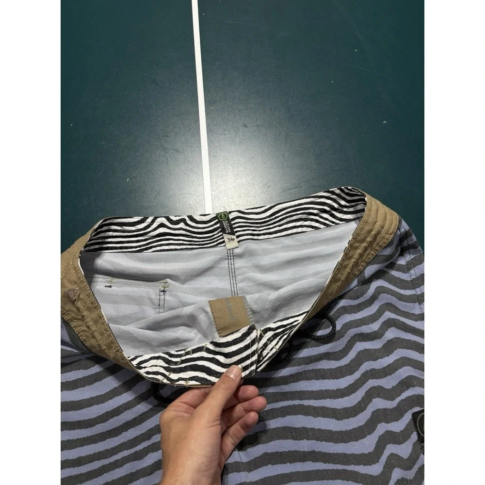 Volcom Stoneys Board Shorts Men's 36 Black Blue Striped Swim Trunks Surf Y2K